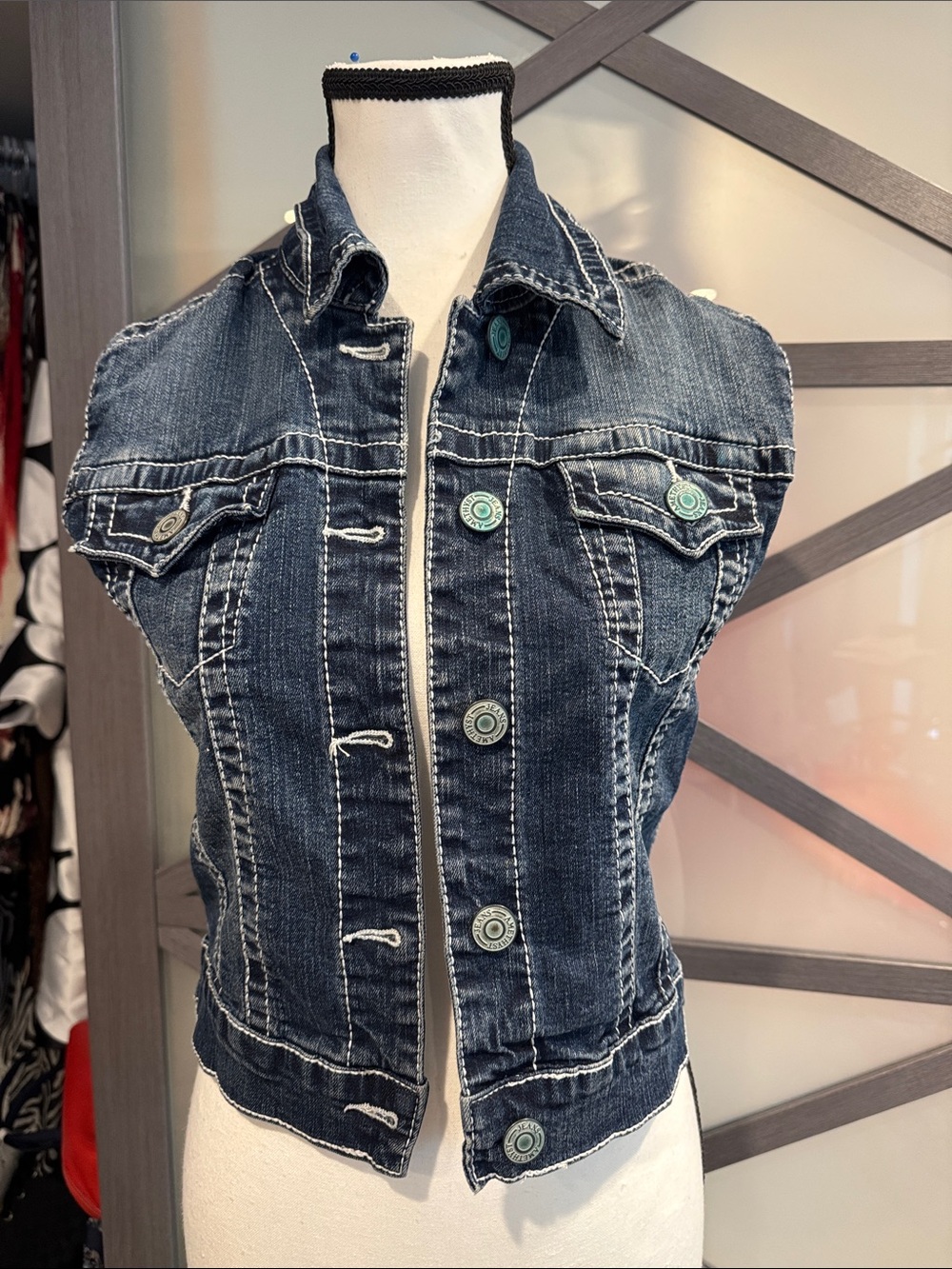 Amethyst Jeans Dark Blue Denim Vest with Turquoise Buttons